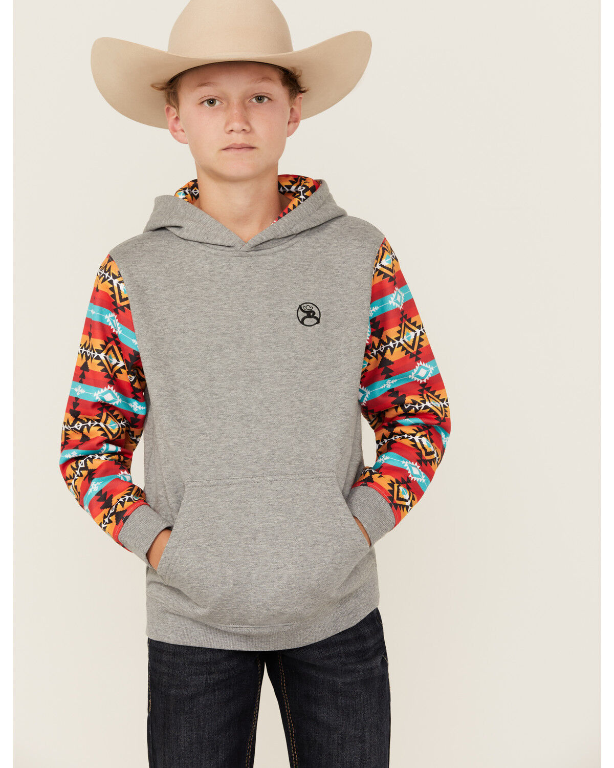 Image #1 - Hooey Boys' Printed Sleeve Hooded Sweatshirt, Grey, hi-res