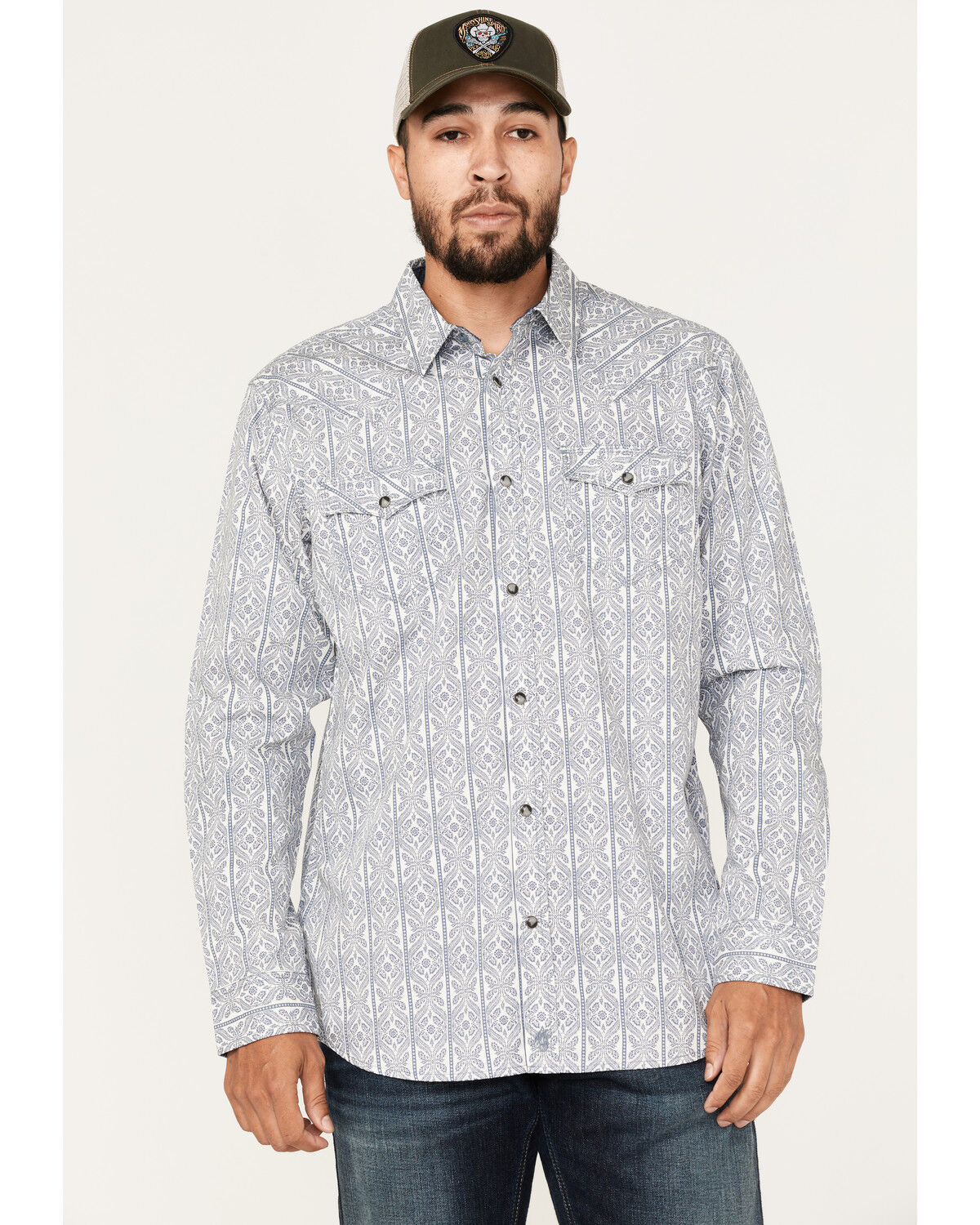Image #1 - Moonshine Spirit Men's Island Time Floral Striped Long Sleeve Snap Western Shirt, Cream, hi-res