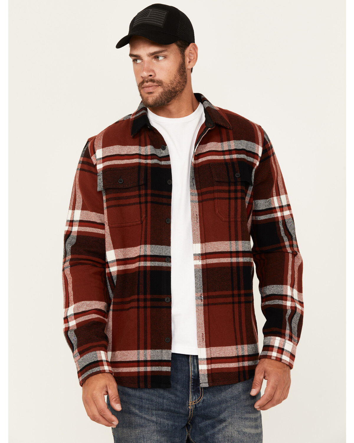 Image #1 - Brothers and Sons Men's Barrell Burley Plaid Print Long Sleeve Button-Down Flannel Shirt, Dark Red, hi-res