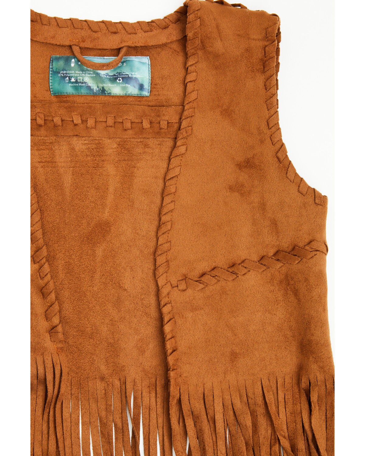 Image #2 - Fornia Girls' Whipstitch Fringe Faux Suede Vest, Camel, hi-res