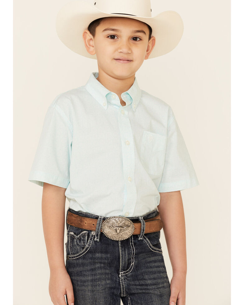 Ariat Boys' Pembroke Geo Print Short Sleeve Button-Down Western Shirt , Aqua, hi-res