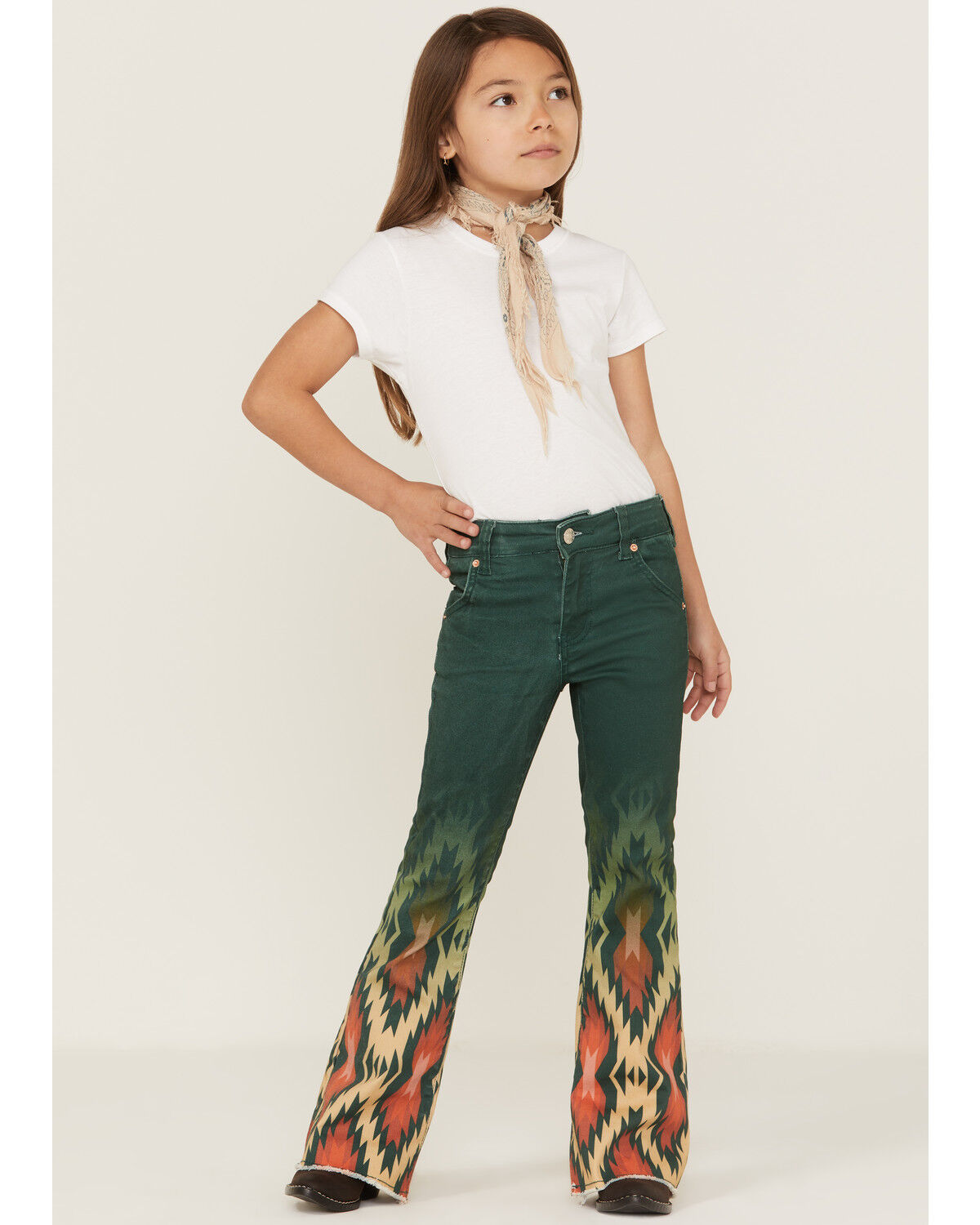 Image #1 - Ranch Dress'n Girls' Southwestern Print Flare Jeans, Teal, hi-res