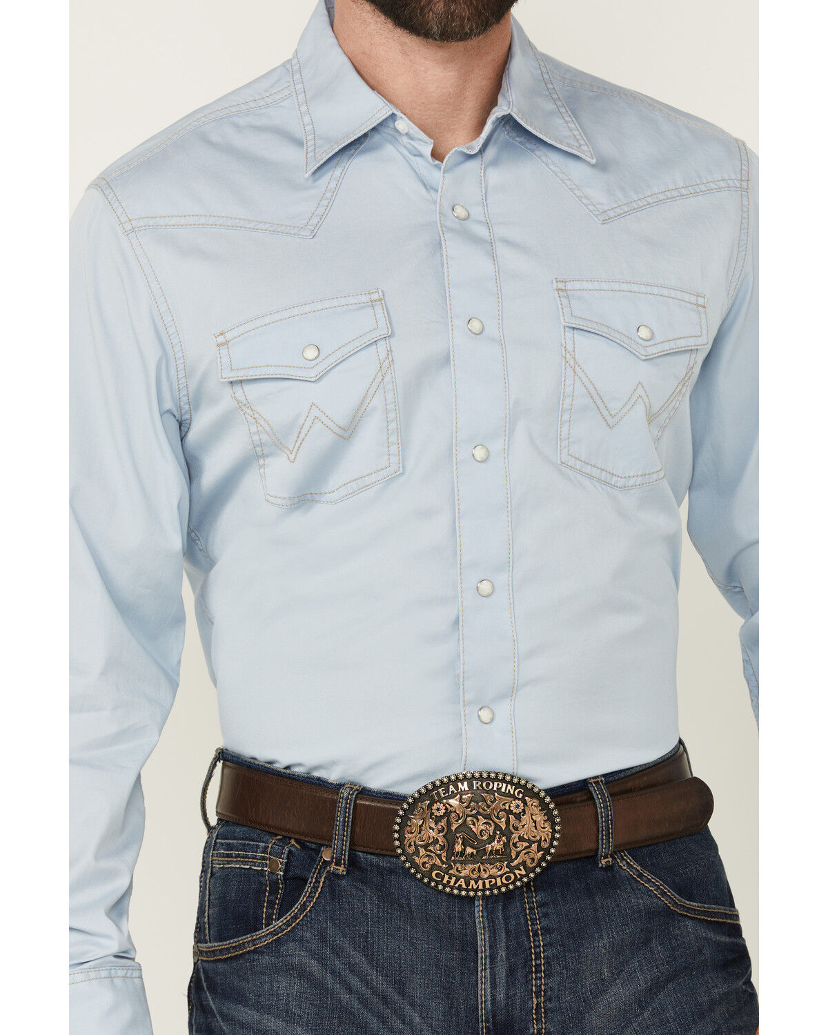 Image #3 - Wrangler Retro Men's Solid Long Sleeve Snap Western Shirt, Light Blue, hi-res