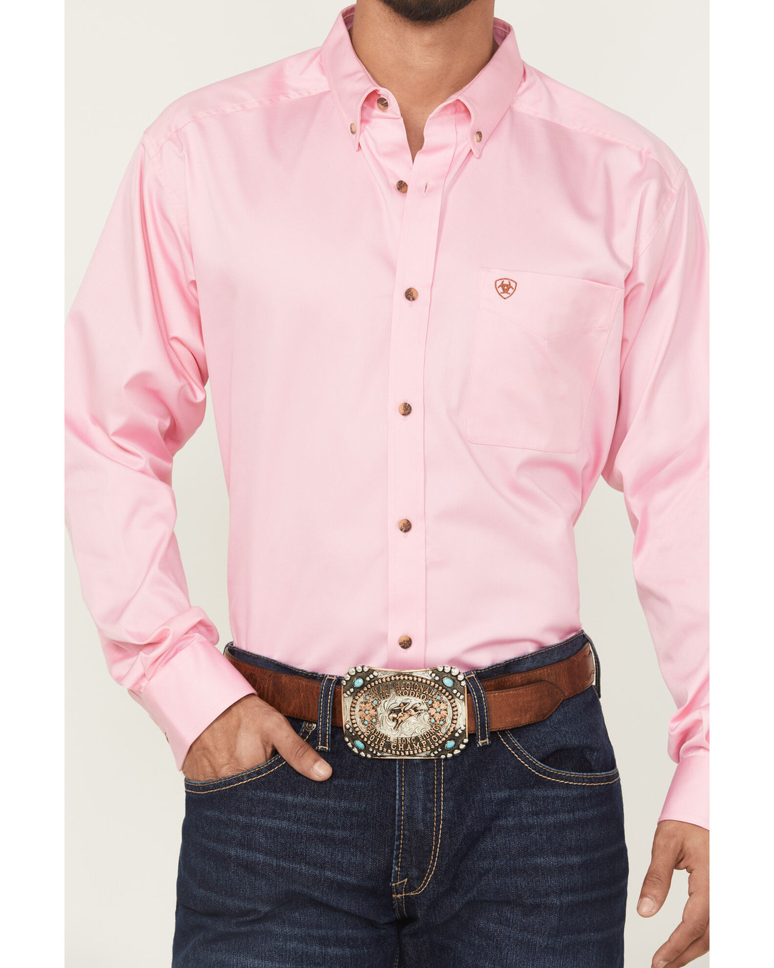 Image #3 - Ariat Men's Classic Fit Solid Twill Long Sleeve Button Down Western Shirt, Pink, hi-res