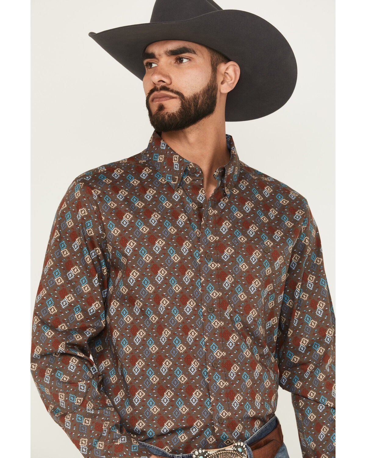 Image #2 - RANK 45&reg; Men's Hudson Geo Southwestern Print Long Sleeve Button-Down Stretch Western Shirt, Brown, hi-res
