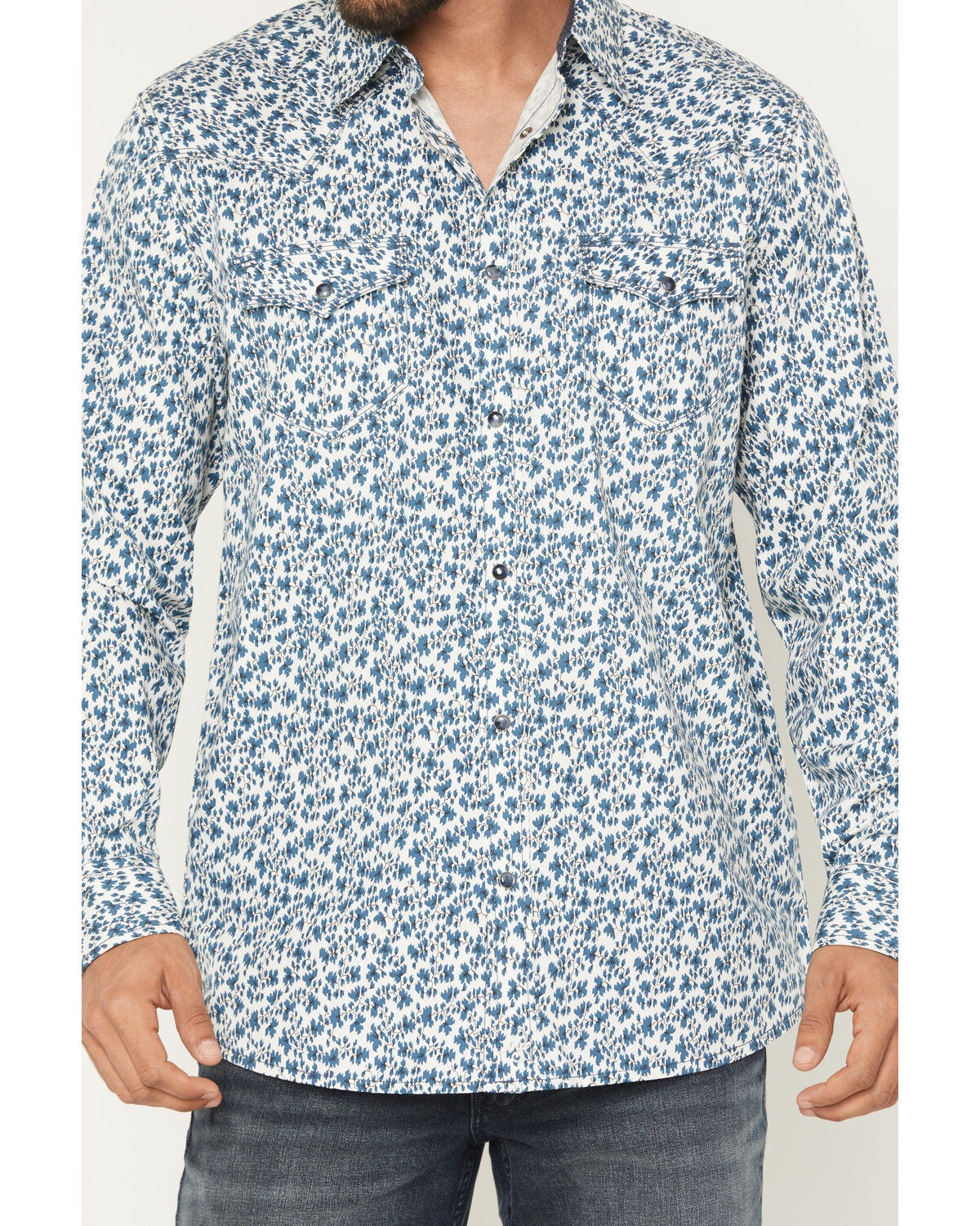 Image #3 - Moonshine Spirit&reg; Men's Falling Leaf Floral Print Long Sleeve Snap Western Shirt, Blue, hi-res