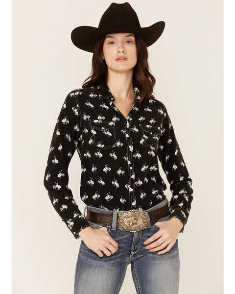 Image #1 - RRR Women's Bucking Horse Print Western Snap Shirt, Black, hi-res