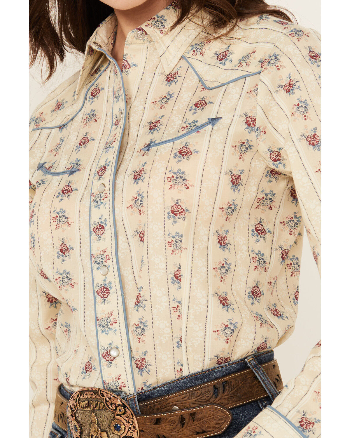 Image #3 - Roper Women's Floral Striped Long Sleeve Snap Western Shirt, Cream, hi-res