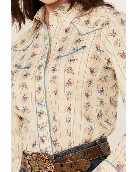 Image #3 - Roper Women's Floral Striped Long Sleeve Snap Western Shirt , Cream, hi-res