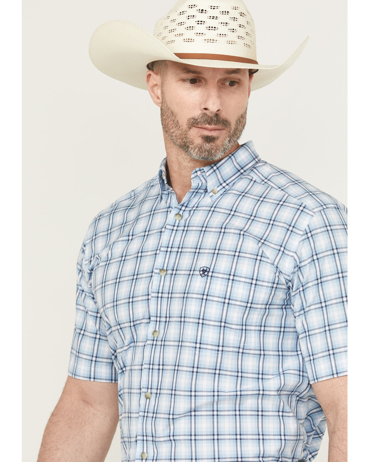 Image #2 - Ariat Men's Cal Pro Series Plaid Print Short Sleeve Button-Down Stretch Western Shirt - Tall, Light Blue, hi-res
