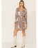 Image #1 - Lovestitch Women's Natural Periwinkle Patchwork Print Bell Sleeve Mini Dress, Periwinkle, hi-res