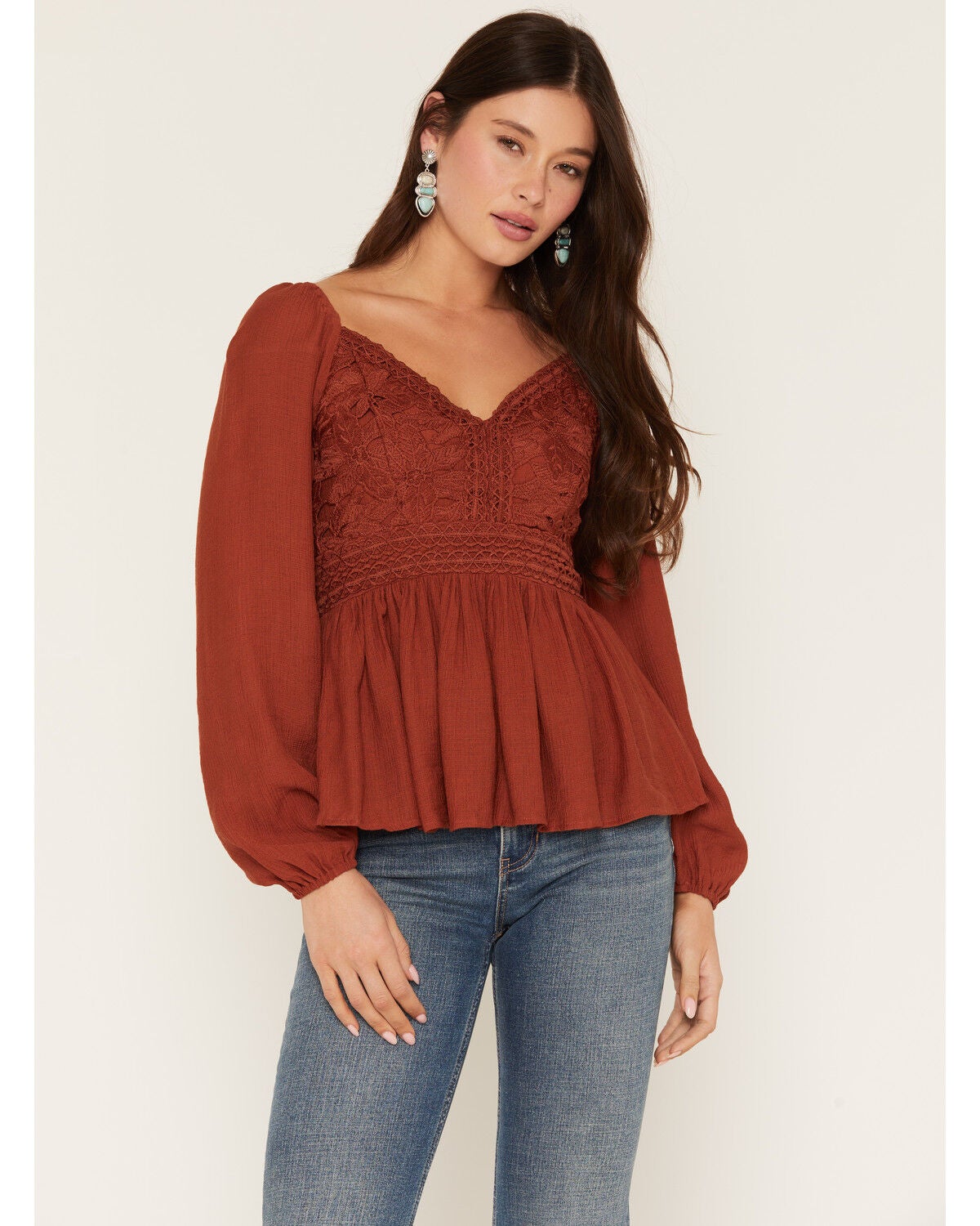 Shyanne Women's Crochet Lace Long Sleeve Shirt, Brick Red, hi-res