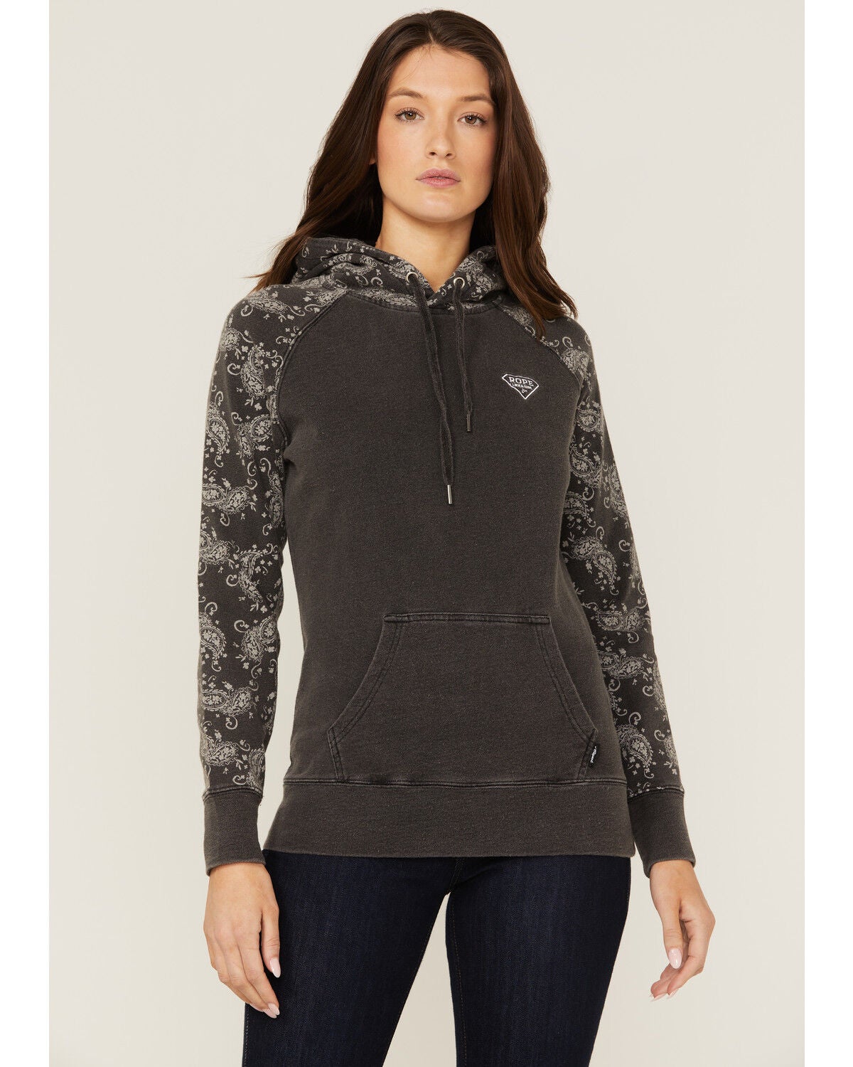 Hooey Women's Rope Like A Girl Bandana Print Pullover Hoodie Sweatshirt, Charcoal, hi-res