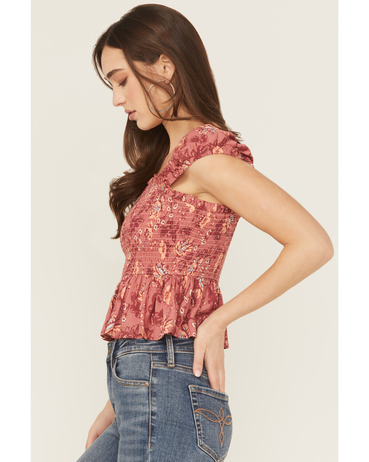 Image #2 - Rock & Roll Denim Women's Floral Print Sleeveless Smocked Top, Mauve, hi-res