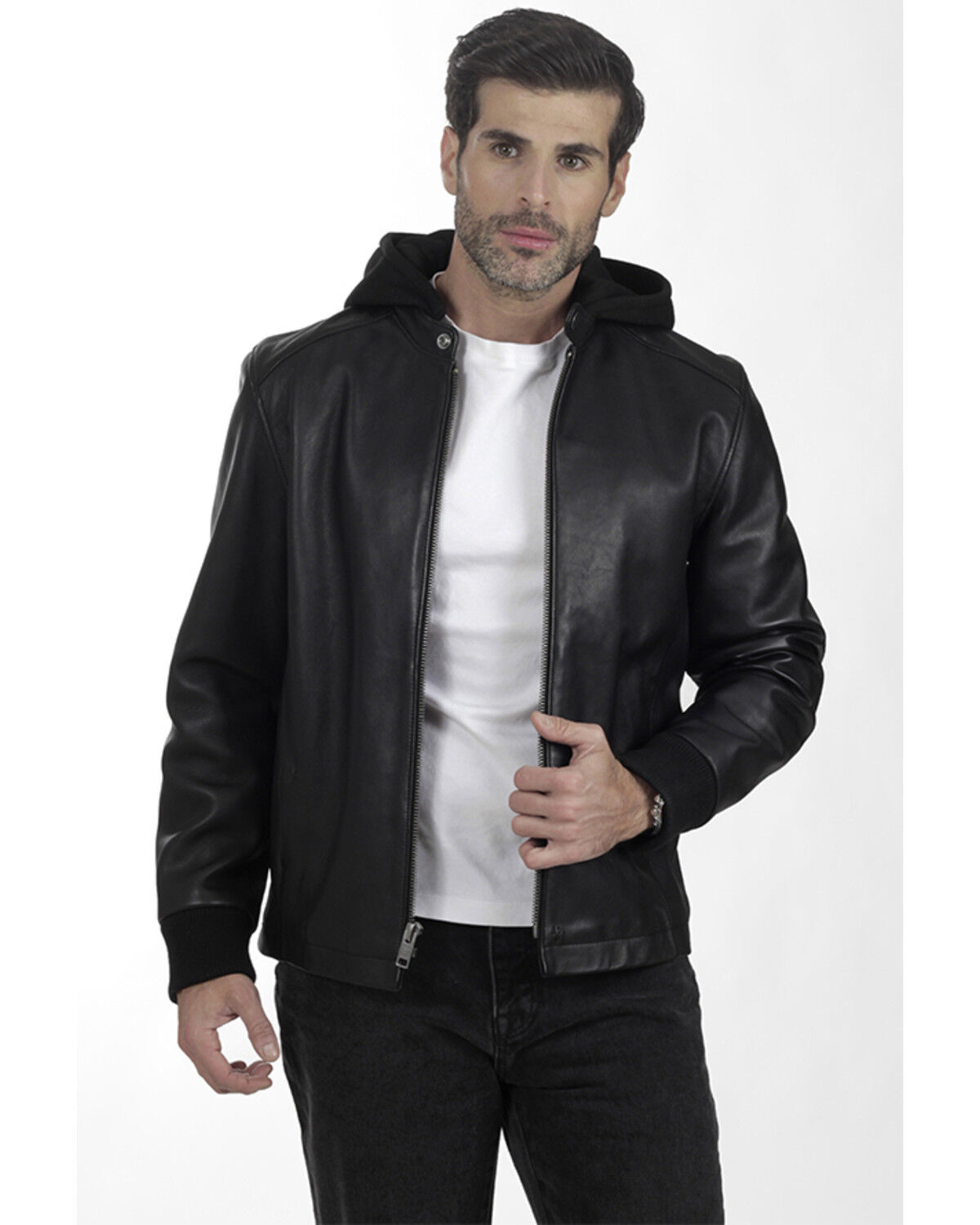 Image #1 - Frye Men's Racer Zip-Up Hooded Leather Jacket, Black, hi-res