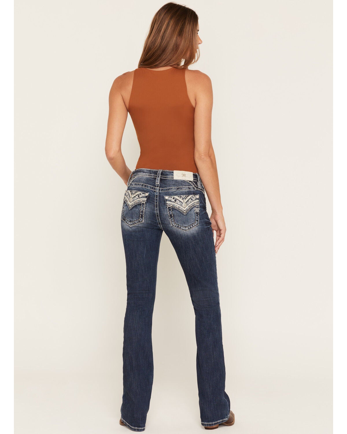 Miss Me Women's Dark Wash Geo Border Pocket Bootcut Stretch Denim Jeans, Dark Wash, hi-res