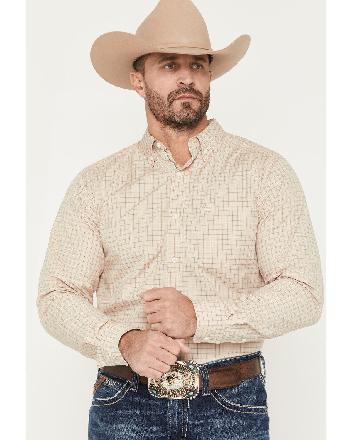 Ariat Men's Pro Series Walt Plaid Print Fitted Long Sleeve Button-Down Western Shirt, Beige, hi-res