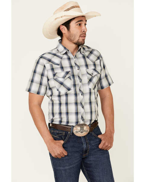 Wrangler Men's Carbon Large Plaid Fashion Snap Short Sleeve Western Shirt , Blue, hi-res