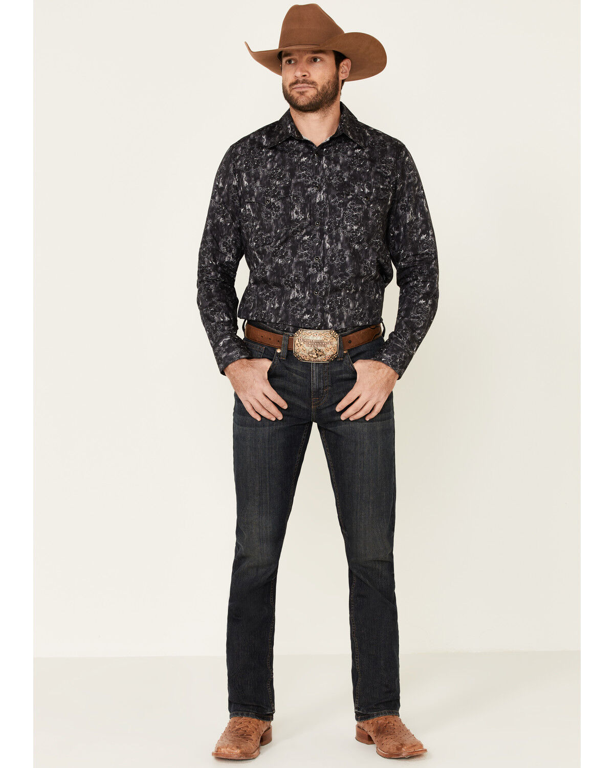 Image #2 - Rock & Roll Denim Men's Charcoal Floral Print Long Sleeve Western Shirt, Charcoal, hi-res