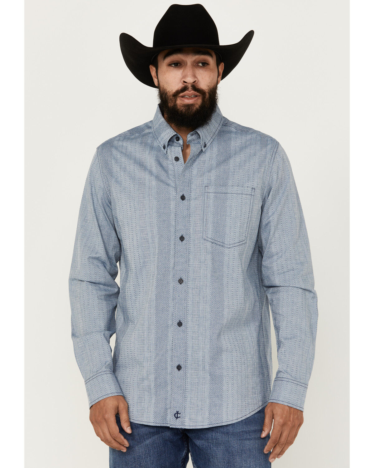 Image #1 - Cody James Men's Buckle Up Chambray Striped Button-Down Long Sleeve Stretch Western Shirt, Light Blue, hi-res