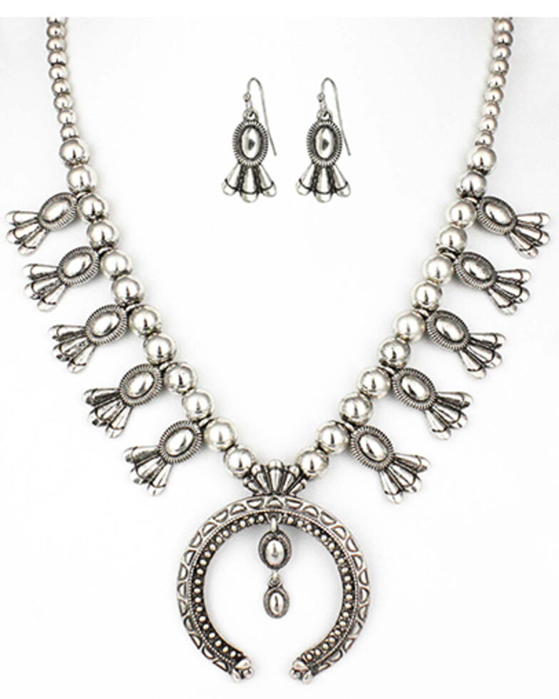 Shyanne Women's Squash Blossom Necklace & Earrings Set, Silver, hi-res