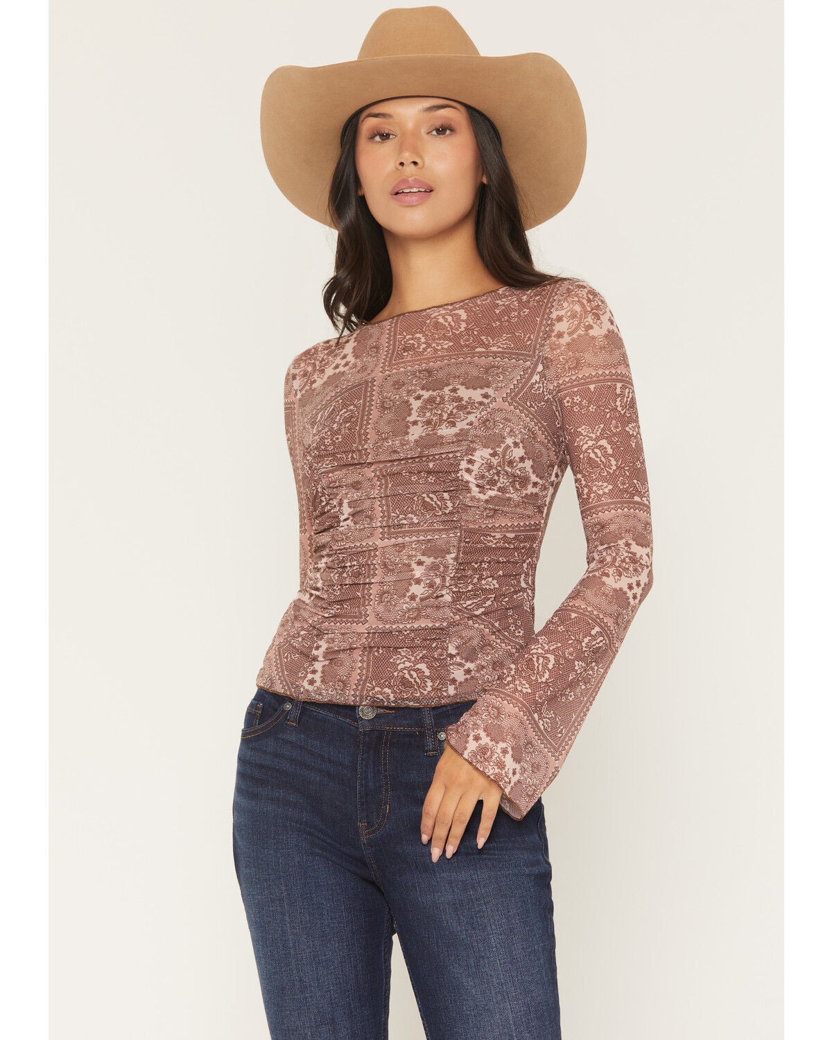 Ash & Violet Women's Floral Print Long Sleeve Mesh Shirt, Rust Copper, hi-res