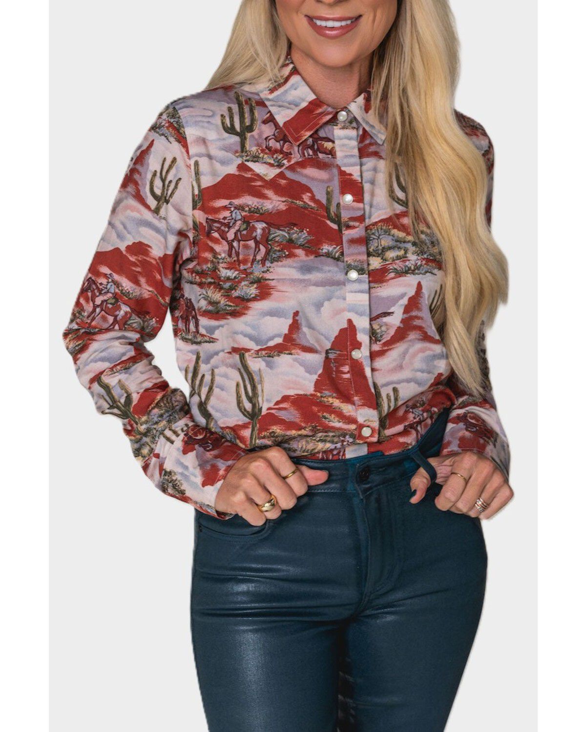 Lovlei Ranch Women's Cheyenne Desert Dream Long Sleeve Pearl Snap Western Shirt, Red, hi-res