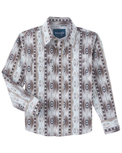 Image #1 - Wrangler Boys' Checotah Southwestern Striped Long Sleeve Pearl Snap Western Shirt, Brown, hi-res