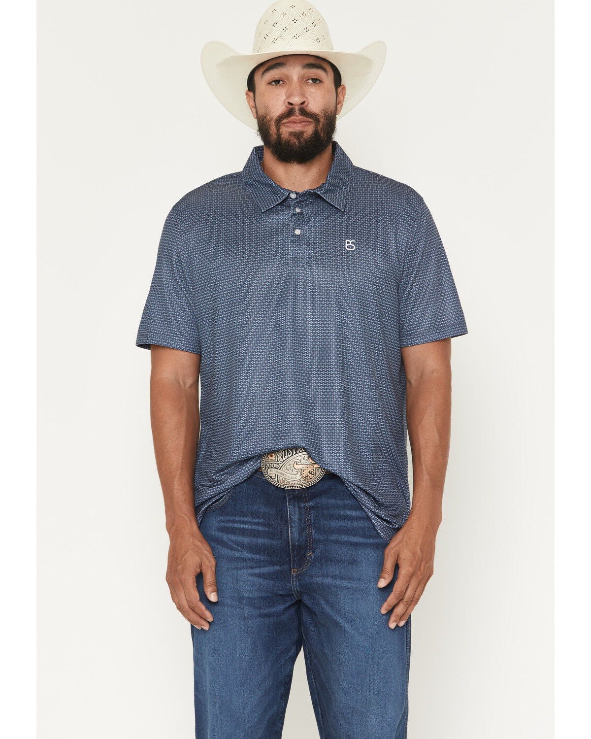 Panhandle Slim Men's Geo Print Short Sleeve Snap Polo Shirt, Navy, hi-res