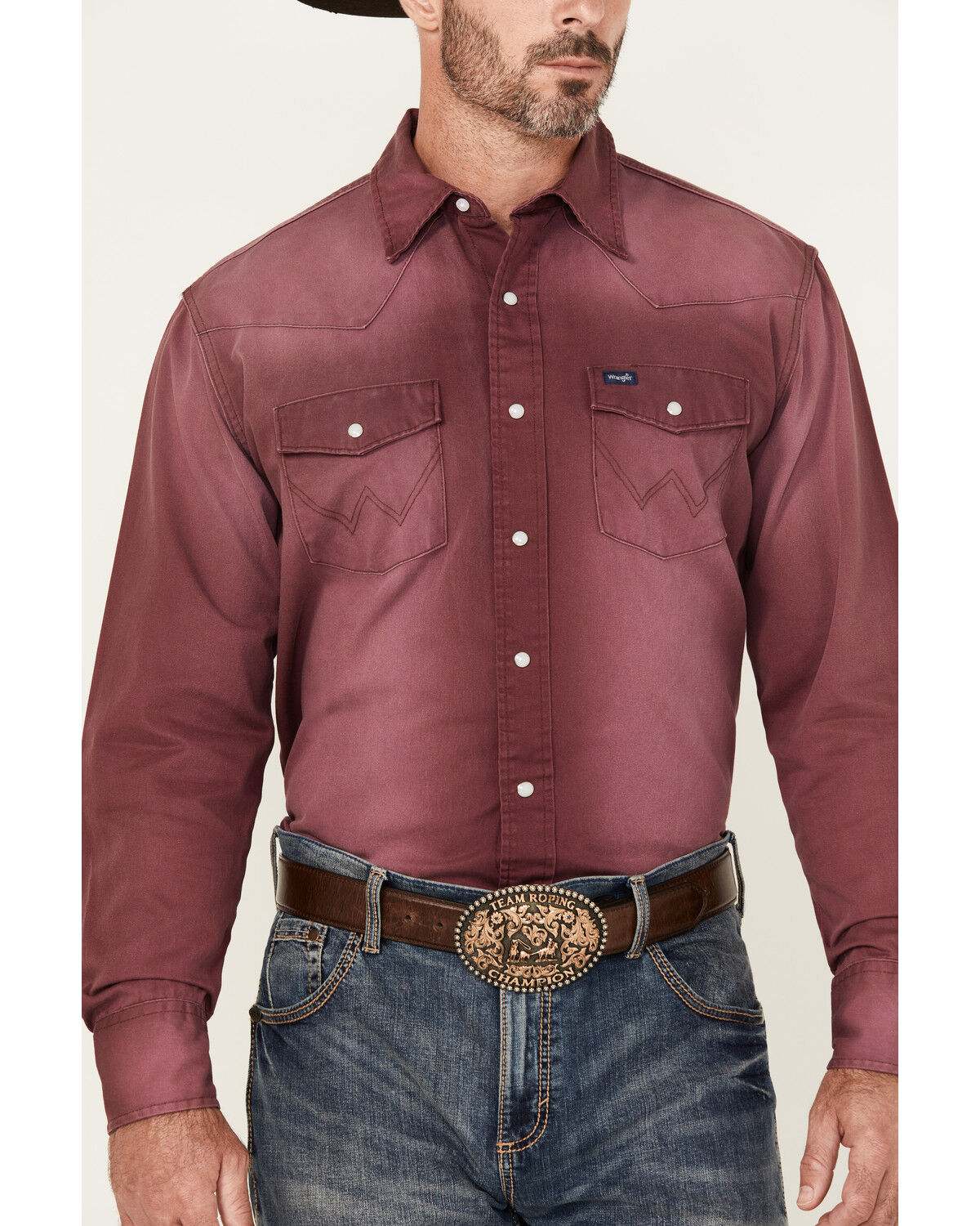 Image #3 - Wrangler Men's Vintage Washed Solid Long Sleeve Snap Western Shirt, Red, hi-res
