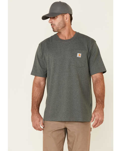 Carhartt Men's Loose Fit Heavyweight Logo Pocket Work T-Shirt, Heather Green, hi-res
