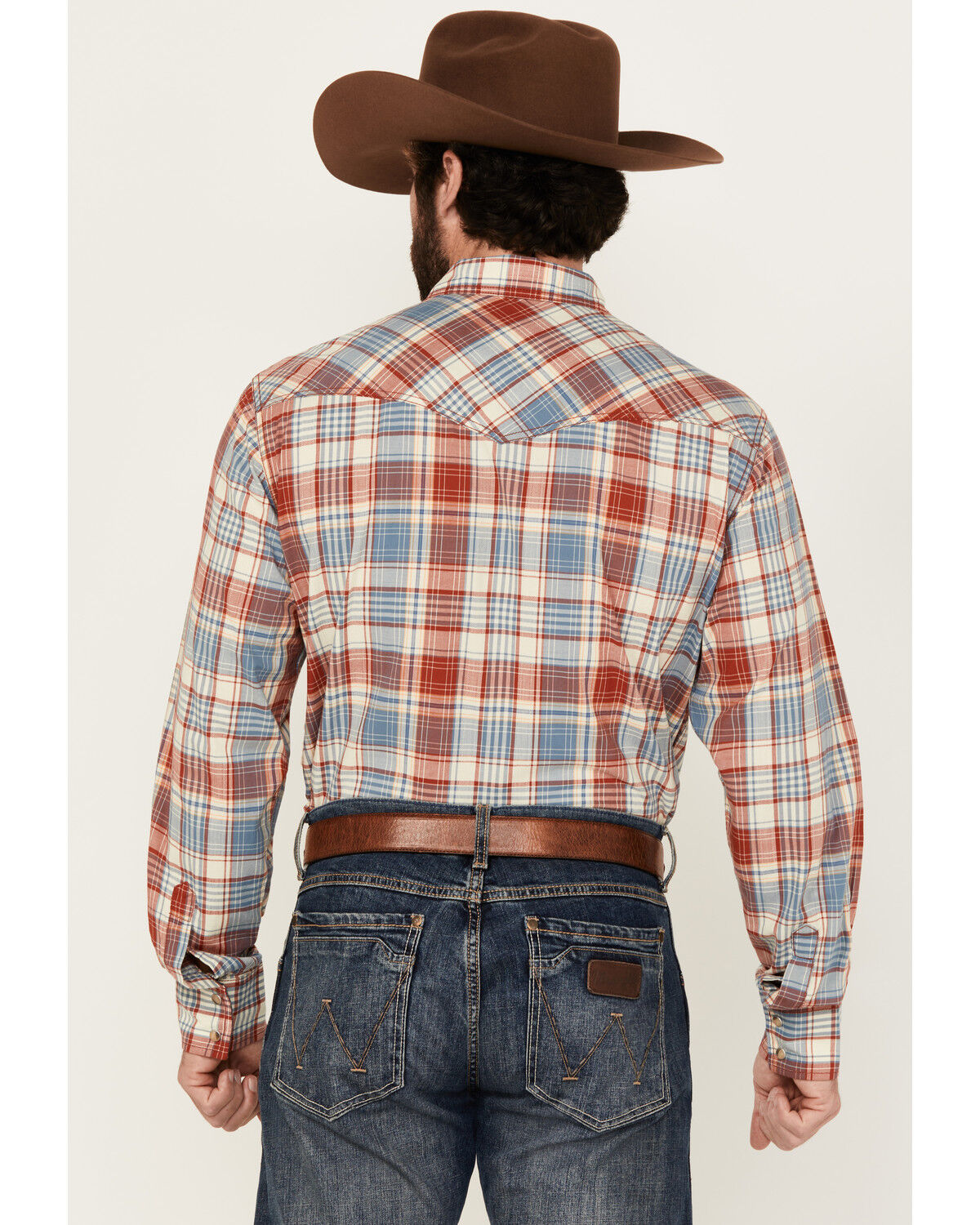 Image #4 - Wrangler Retro Men's Plaid Print Long Sleeve Snap Western Shirt, Red/white/blue, hi-res