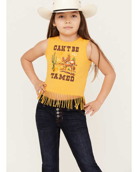 Shyanne Girls' Can't Be Tamed Fringe Graphic Tank, Gold, hi-res