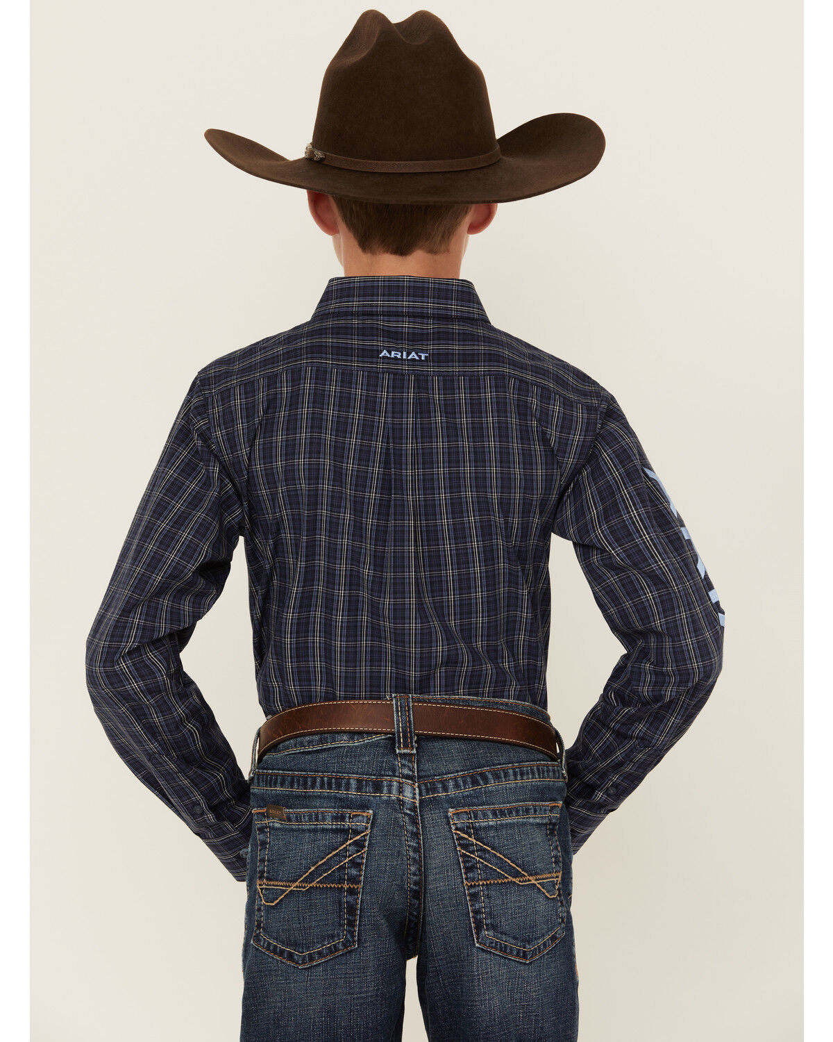 Image #4 - Ariat Boys' Team Plaid Print Long Sleeve Button-Down Western Shirt, Navy, hi-res