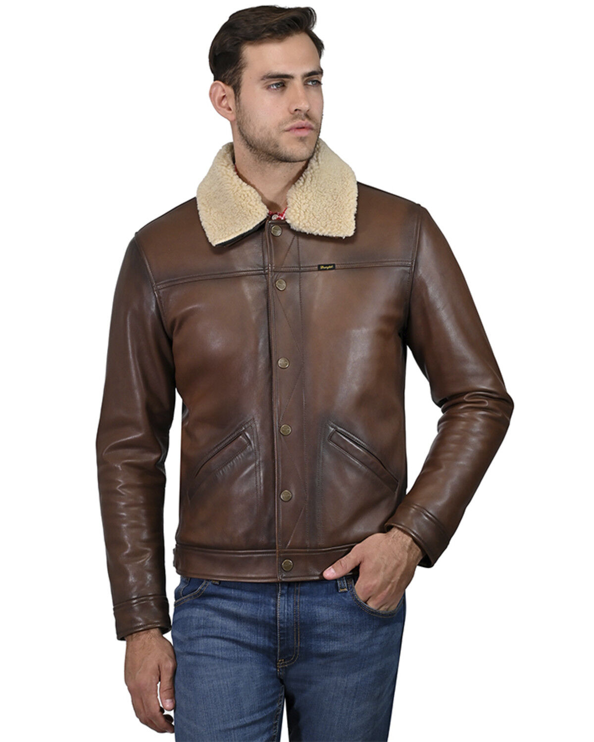 Image #4 - Wrangler Men's Vintage Sherpa Lined Leather Jacket, Tan, hi-res