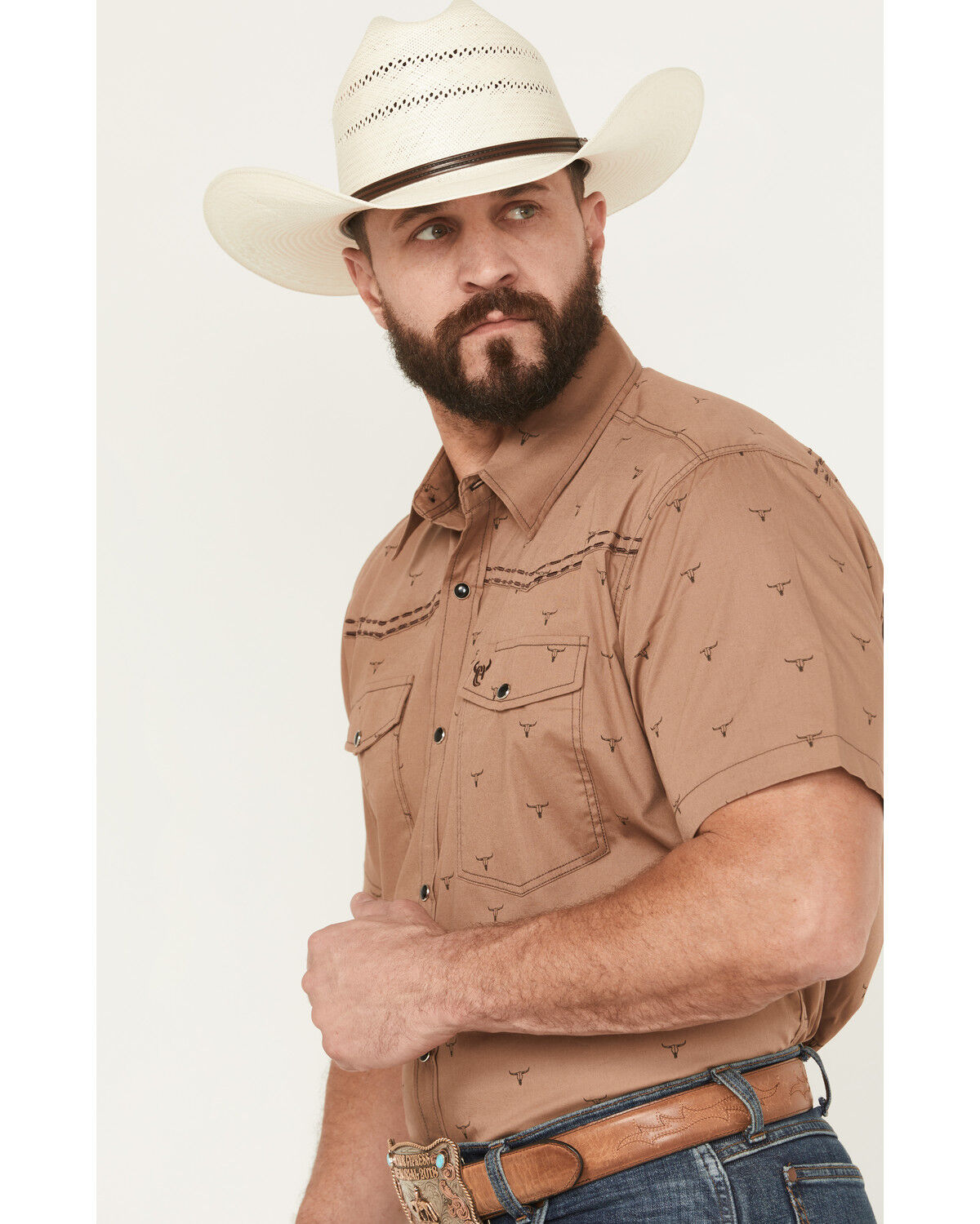 Image #2 - Cowboy Hardware Men's Boot Barn Exclusive Steerhead Short Sleeve Snap Stretch Western Shirt, Brown, hi-res