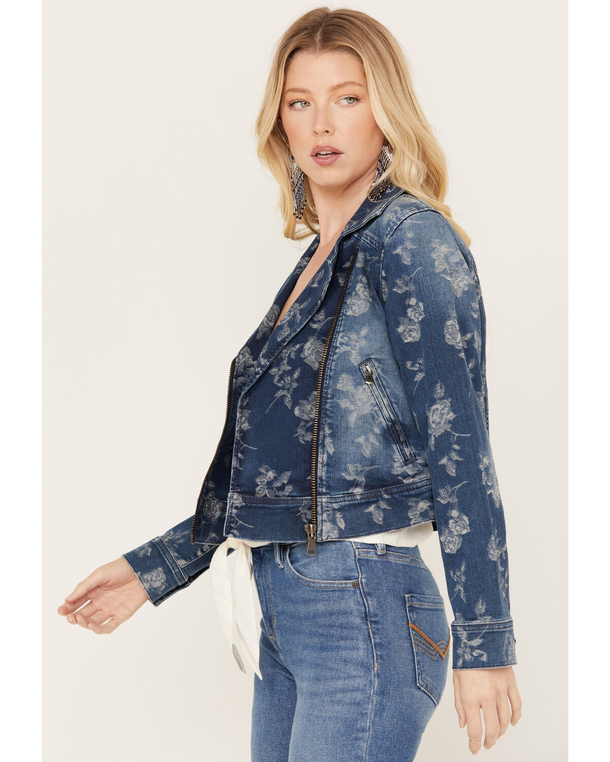 Image #2 - Idyllwind Women's Floral Drive Print Denim Moto Jacket, Dark Medium Wash, hi-res