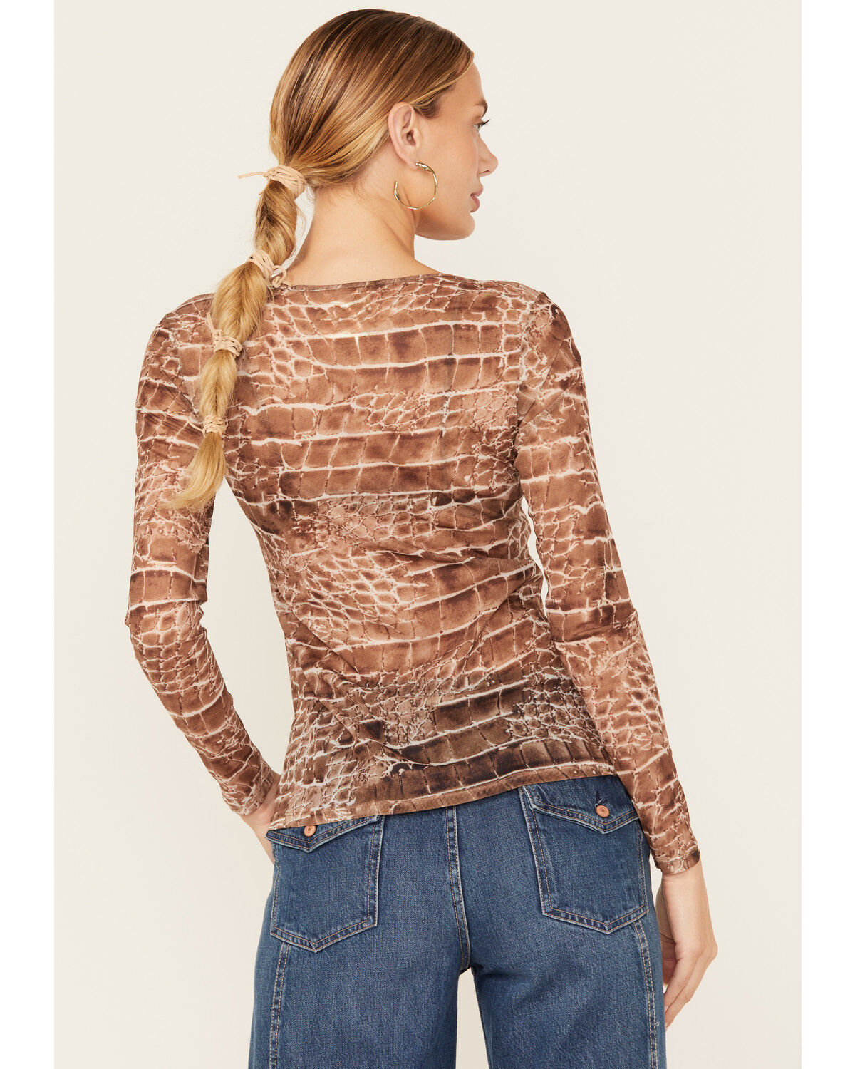 Image #4 - Vocal Women's Snake Print Long Sleeve Mesh Top, Brown, hi-res