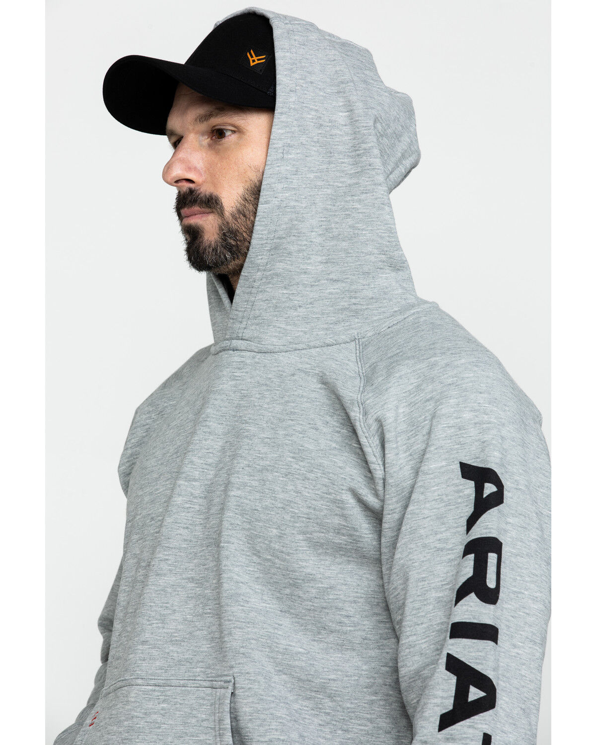Image #5 - Ariat Men's FR Primo Fleece Logo Hooded Work Sweatshirt, Heather Grey, hi-res