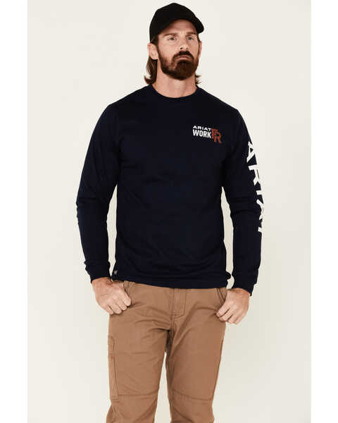 Image #1 - Ariat Men's FR Logo Crew Neck Long Sleeve Shirt, Navy, hi-res