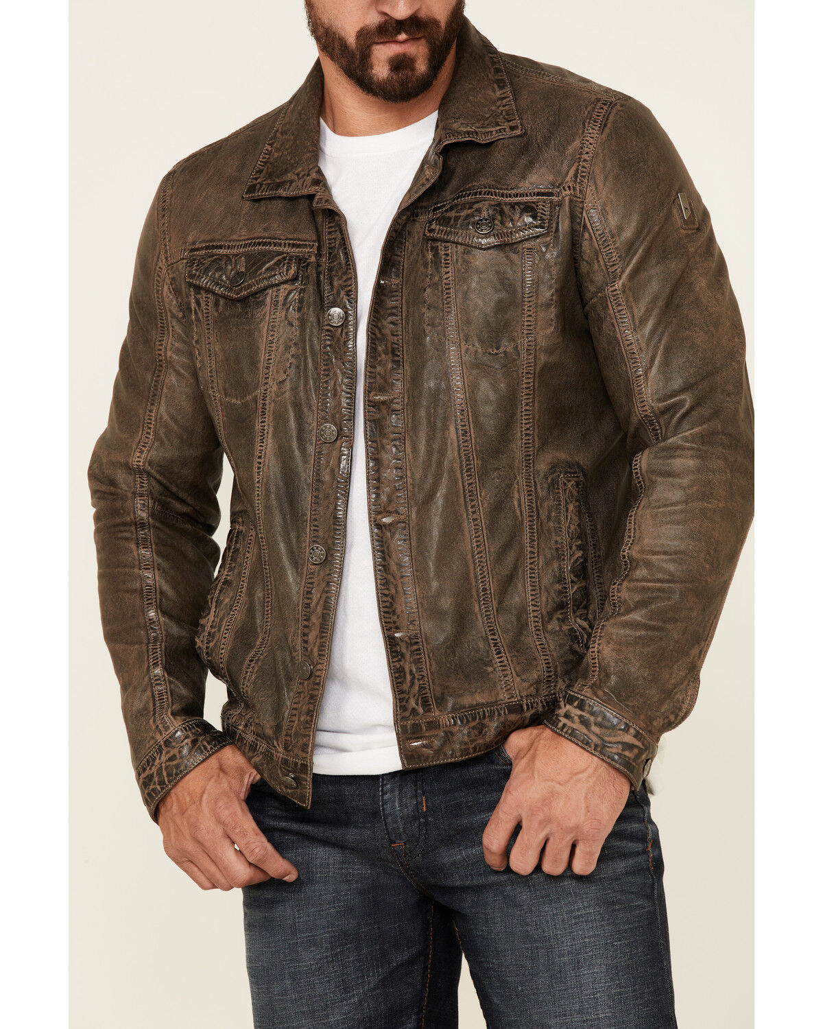 Image #3 - Mauritius Leather Men's Geoff Zip-Front Distressed Trucker Leather Jacket, Brown, hi-res