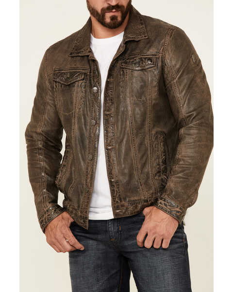 Image #3 - Mauritius Leather Men's Geoff Zip-Front Distressed Trucker Leather Jacket , Brown, hi-res