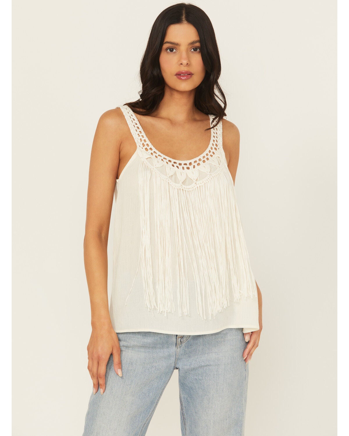 A.T.A.P Women's Fringe Front Tank, Ivory, hi-res