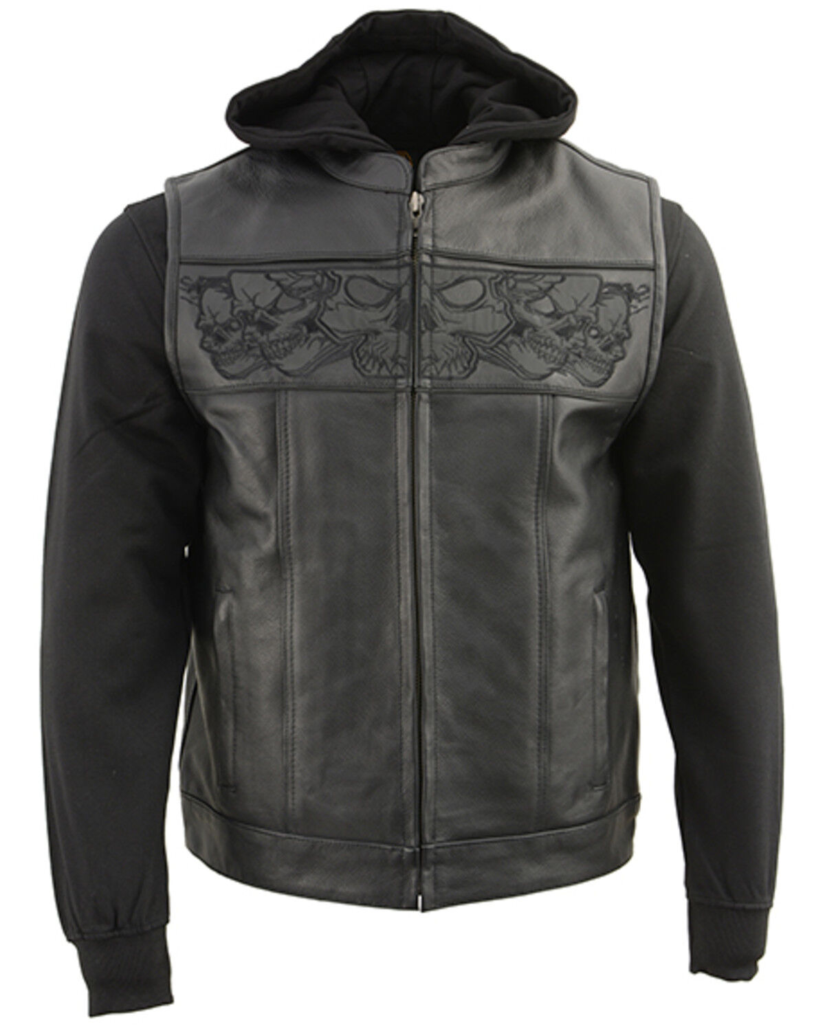 Image #1 - Milwaukee Leather Men's Leather Concealed Carry Vest with Reflective Skulls and Removeable Hoodie - 5X, Black, hi-res