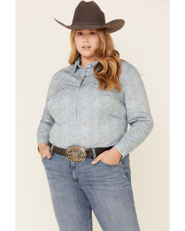Rough Stock by Panhandle Women's Vintage Print Snap Long Sleeve Western Shirt - Plus, Blue, hi-res