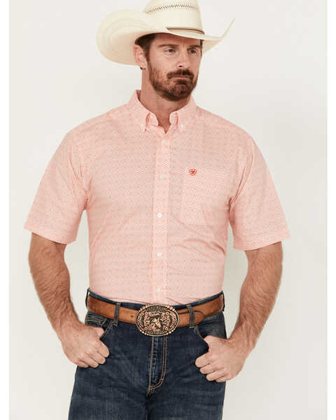 Image #1 - Ariat Men's Kamden Geo Medallion Print Short Sleeve Button-Down Western Shirt , Coral, hi-res