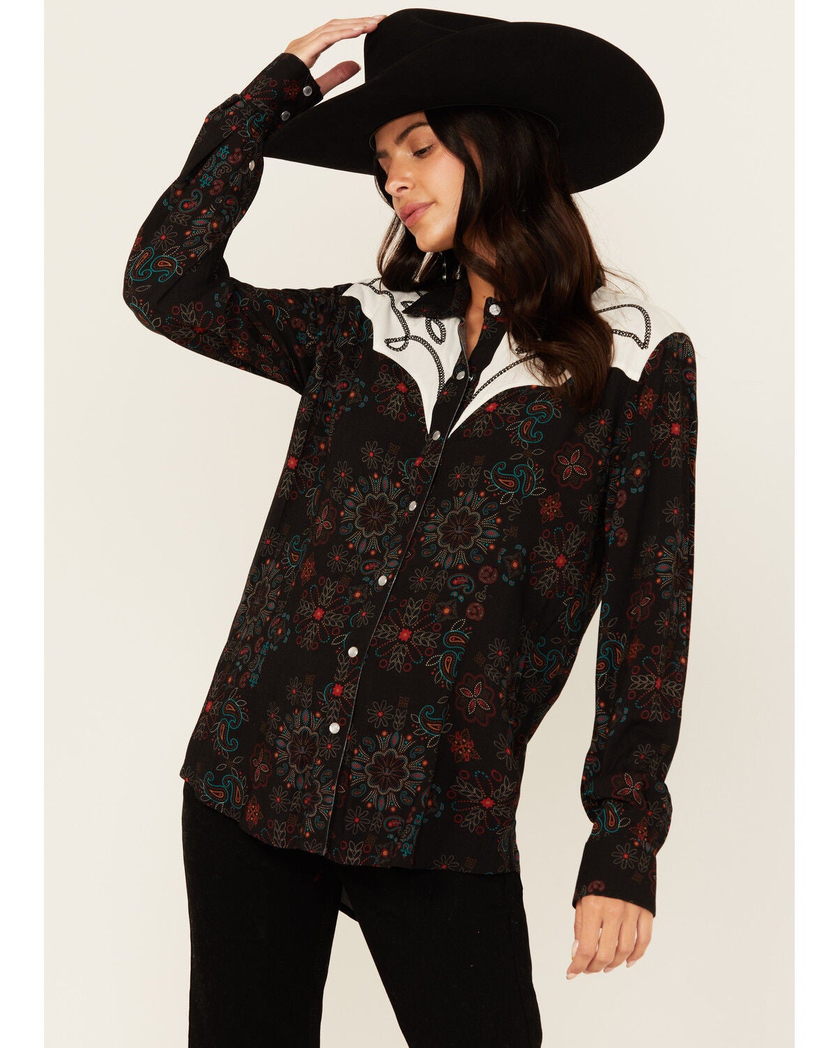 Panhandle Women's Floral Print Embroidered Long Sleeve Snap Western Shirt, Black, hi-res
