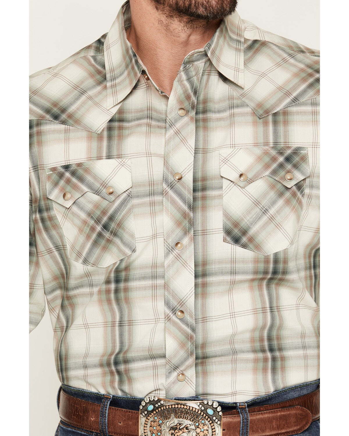 Image #3 - Wrangler Retro Men's Plaid Print Long Sleeve Snap Western Shirt, Cream, hi-res