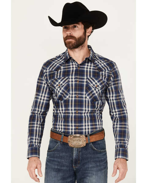 Image #1 - Pendleton Men's Frontier Plaid Print Long Sleeve Snap Western Shirt, Navy, hi-res
