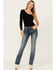 Grace in LA Women's Medium Wash Mid Rise Floral Fleur de Lis Pocket Stretch Bootcut Jeans , Medium Wash, hi-res